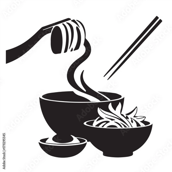 Fototapeta Modern flat design, classic black and white vector silhouette of Korean food against a pure white background, embodying timeless elegance with simple, two-dimensional shapes 
