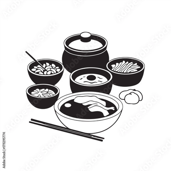 Fototapeta Modern flat design, classic black and white vector silhouette of Korean food against a pure white background, embodying timeless elegance with simple, two-dimensional shapes 