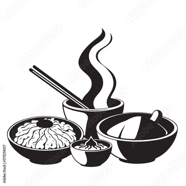 Fototapeta Modern flat design, classic black and white vector silhouette of Korean food against a pure white background, embodying timeless elegance with simple, two-dimensional shapes