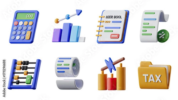 Obraz Accounting and Finance 3D Icons Set Calculator, Chart, Ledger, and Tax Management