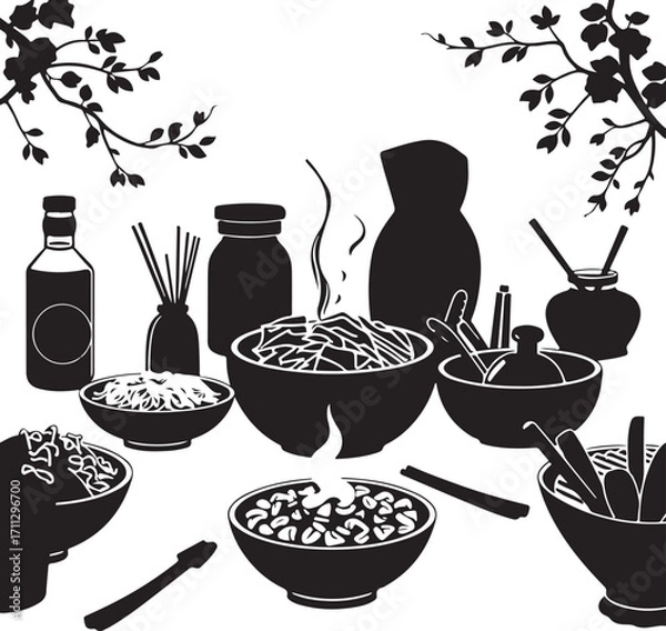 Fototapeta Showcasing Korean food through black and white vector silhouettes in an isekai anime style, this image on a white background offers a timeless, elegant aesthetic with an expressive arrangement.