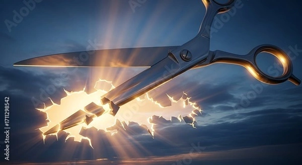 Fototapeta Cutting Through Barriers: A pair of silver scissors cuts through a luminous barrier, symbolizing transformation and overcoming obstacles, against a dramatic, sky.
