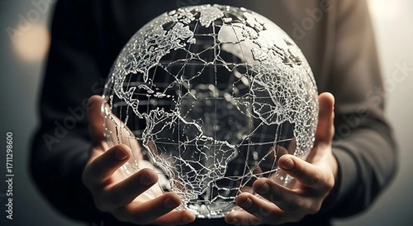 Fototapeta Global Connectivity: A human hand cradles a fragile, intricate glass globe, symbolizing the delicate balance of our interconnected world. A call to protect what we share.