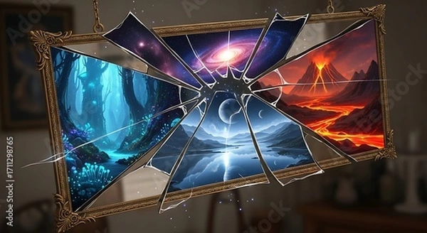 Fototapeta Shattered Mirror of Realms: A surreal art piece depicts a shattered mirror, revealing glimpses of fantastical realms and cosmic scenes, blending reality and imagination.