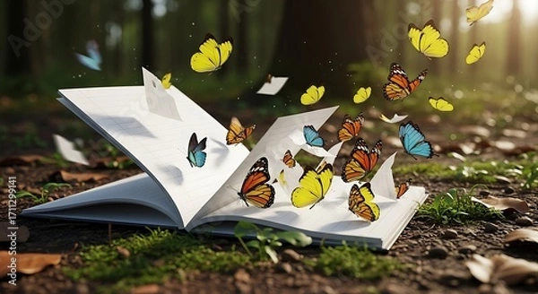 Fototapeta Enchanted Book and Fluttering Butterflies: An open book springs to life, its pages teeming with vibrant butterflies that burst forth.