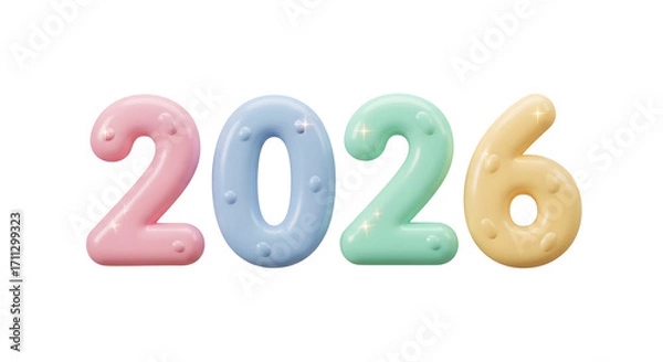 Fototapeta Glossy Candy 2026 Numbers in Pastel with Splash Accent — Playful Year Illustration

