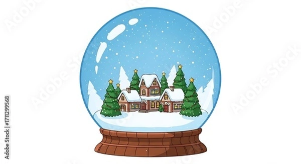 Fototapeta Winter Wonderland in a Snow Globe: A charming illustration of a cozy house nestled amongst evergreen trees, enveloped by a serene snowfall within a glass sphere.