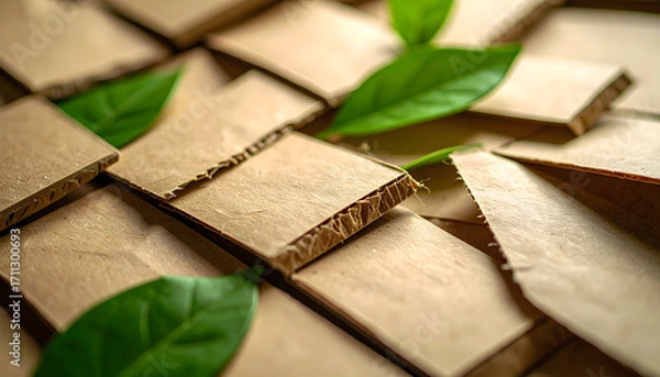 Fototapeta Cardboard and Green Leaf Composition: A close-up shot reveals meticulously arranged pieces of cardboard, artfully juxtaposed with delicate green leaves.