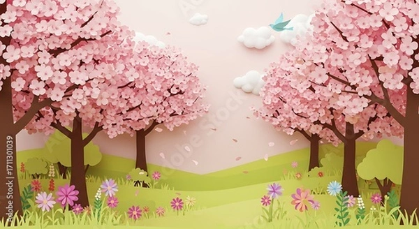 Fototapeta Blossoming Spring in the Paper Art: A whimsical paper craft scene of spring comes alive, showcasing the delicate cherry blossom trees, vibrant flower meadow.
