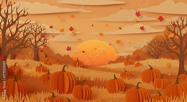 Fototapeta Autumn Pumpkin Paradise: A handcrafted, whimsical depiction of an autumn scene filled with pumpkins under a glowing sun, evoking a feeling of warmth and harvest celebration.