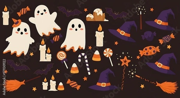 Fototapeta Whimsical Halloween Gathering: A delightful assortment of Halloween-themed illustrations. Including charming ghosts, glowing candles, witch hats, treats, and magical wands.