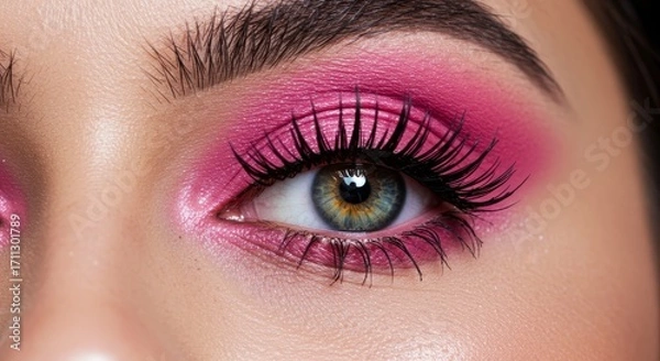 Fototapeta Striking pink eyeshadow with long eyelashes on a woman's eye closeup