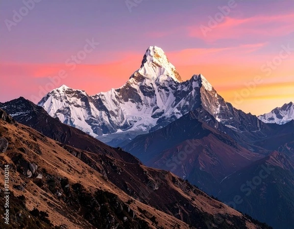 Fototapeta A towering snow-capped mountain peak, bathed in the colorful hues of a vibrant sunset, contrasted by brown foreground mountains