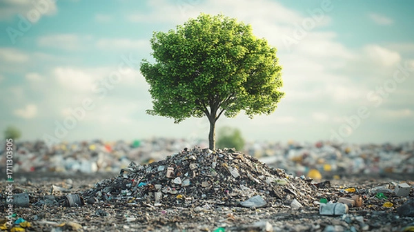 Fototapeta recycling and nature themes: photos of trees sprouting from waste, Earth held above trash, and green initiatives with ample blank spaces for environmental messages.