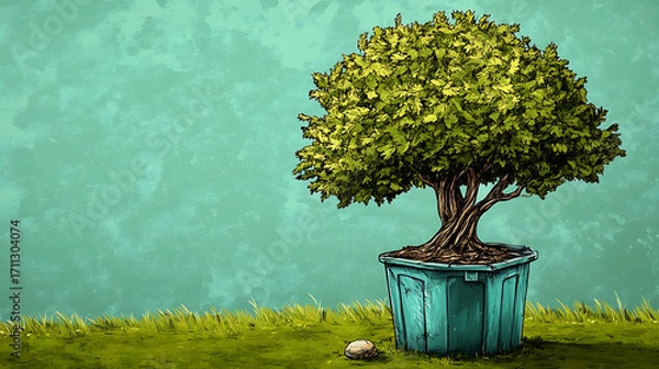 Fototapeta recycling and nature themes: photos of trees sprouting from waste, Earth held above trash, and green initiatives with ample blank spaces for environmental messages.