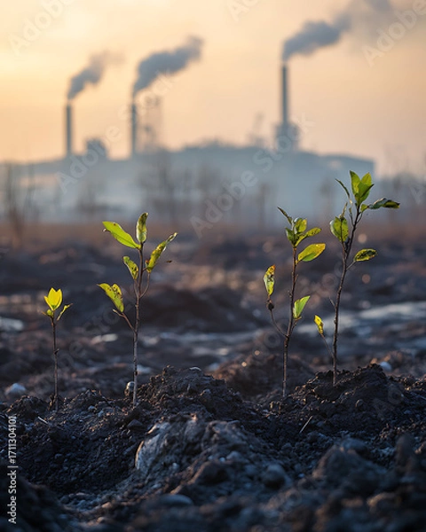 Fototapeta recycling and nature themes: photos of trees sprouting from waste, Earth held above trash, and green initiatives with ample blank spaces for environmental messages.