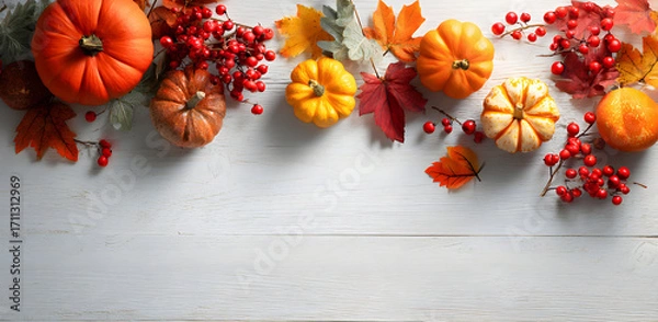 Fototapeta Pumpkins and berries arranged on white wooden surface creating a festive autumn harvest display with vibrant colors and a rustic, seasonal vibe.