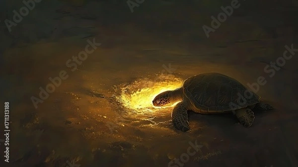 Fototapeta A calm, sunset - like night scene shows a close - up of a turtle carefully digging a hole in the wet, 