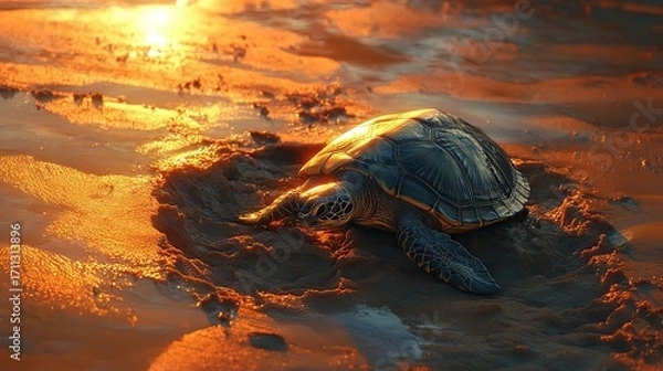 Fototapeta A calm, sunset - like night scene shows a close - up of a turtle carefully digging a hole in the wet, 