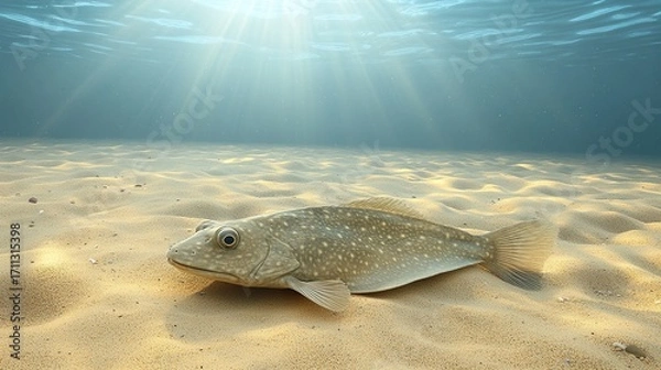Fototapeta A realistic underwater photograph showing a tranquil sandy seabed, with a flatfish