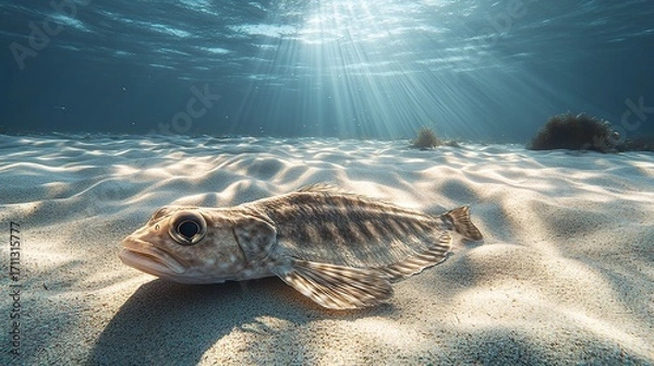 Fototapeta A realistic underwater photograph showing a tranquil sandy seabed, with a flatfish