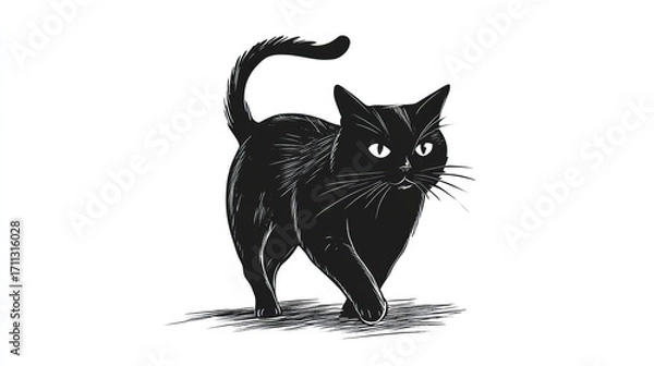 Fototapeta Cartoon black cat walking away, rear view, tail raised high, head turned back to look at viewer, eye contac