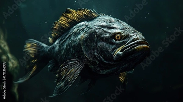 Fototapeta Hindu style giant ancient fish in ocean, very hyper realistic in color, black background