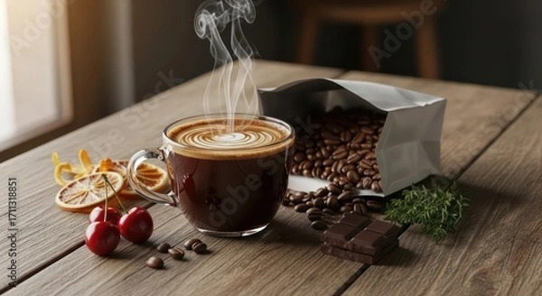 Obraz Steaming coffee with latte art, cherries, dried oranges, chocolate, and coffee beans on a wooden table