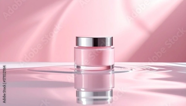 Obraz ピンクのクリームジャー化粧品と水面の反射が映える高級スキンケアコンセプト｜美容,スキンケア,エレガント,高級感,女性