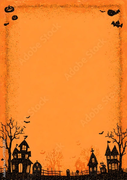 Fototapeta Spooky haunted houses and graveyard sit beneath bats and pumpkins against an orange sky on a halloween night creating a festive and eerie atmosphere.