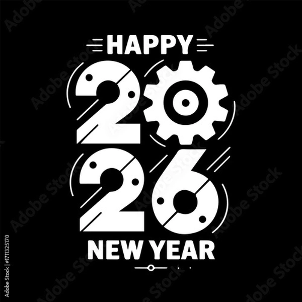 Obraz Happy New Year 2026 Gear Style Typography on Black Background