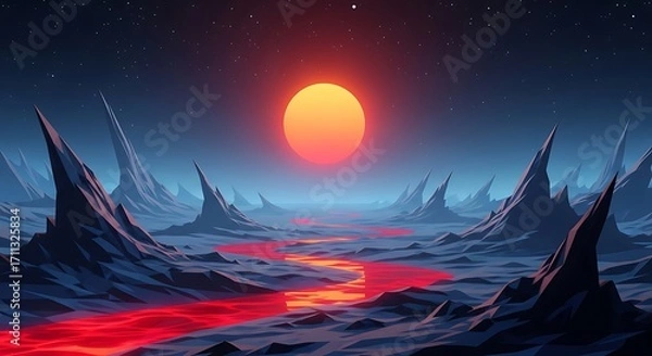 Fototapeta Alien Planet Landscape with Red Sun.