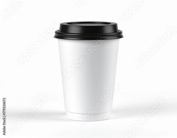 Obraz 黒いフタ付き白いテイクアウトコーヒーカップのシンプルなモックアップデザイン｜飲み物,カフェ,紙コップ,無地,ブランド素材