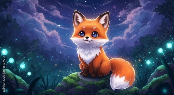 Fototapeta Cartoon fantasy fox cub with oversized head and glowing tail, sitting happily on a rock in magical night background