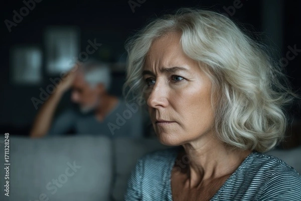 Fototapeta An older woman appears upset while sitting on a couch, with a man blurred in the background, suggesting tension or conflict between them