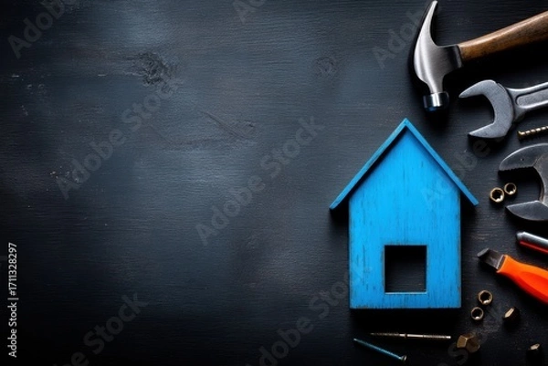 Fototapeta Blue house shape with various hand tools and hardware on a dark wooden background, symbolizing home improvement or DIY projects