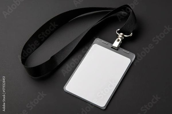 Fototapeta Blank ID badge with a black lanyard lying on a dark surface, ready for customization or identification use