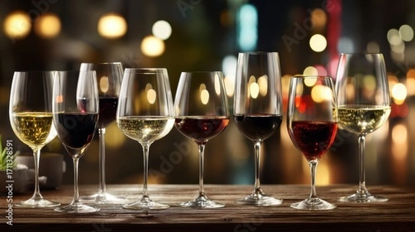 Fototapeta A row of assorted red and white wine glasses on a wooden surface with colorful bokeh lights in the background