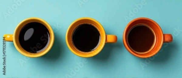 Fototapeta Three colorful cups filled with coffee are arranged in a row on a light blue background, viewed from above