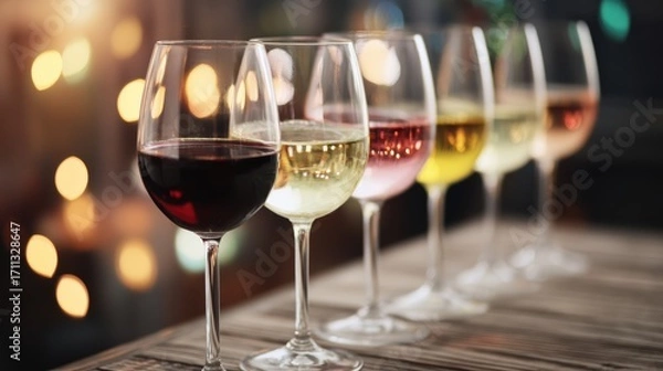 Fototapeta A row of six wine glasses filled with different types of wine sits on a wooden surface, with warm, blurred lights in the background
