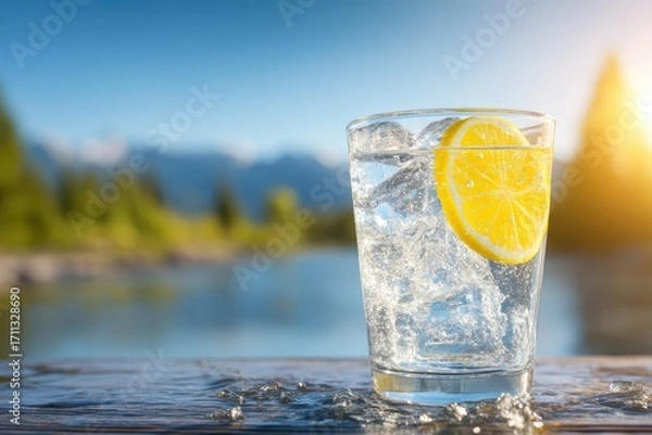 Fototapeta A refreshing glass of ice water with a lemon slice sits on a wooden surface outdoors by a scenic lake under a bright, sunny sky
