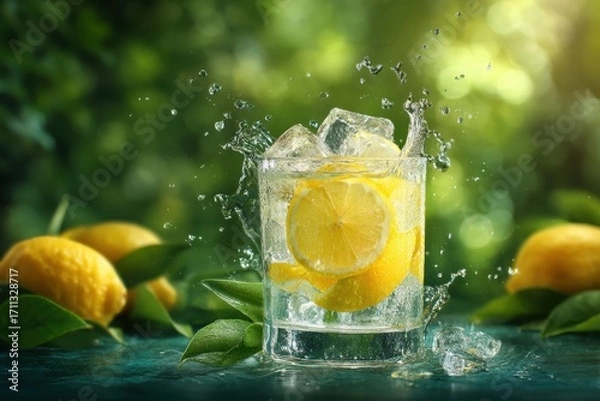 Fototapeta A refreshing glass of sparkling water with lemon slices and ice splashing, surrounded by fresh lemons and green leaves outdoors