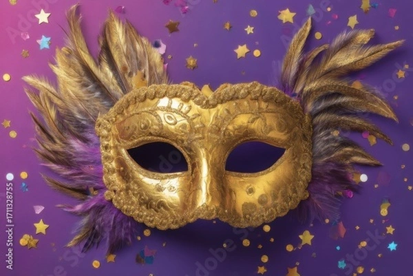 Fototapeta A golden masquerade mask with feathers and ornate details lies on a purple surface scattered with colorful confetti and star shapes