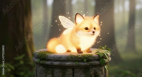 Fototapeta Chubby fairy fox cub with glowing golden fur and tiny wings folded, perched on a stone pedestal