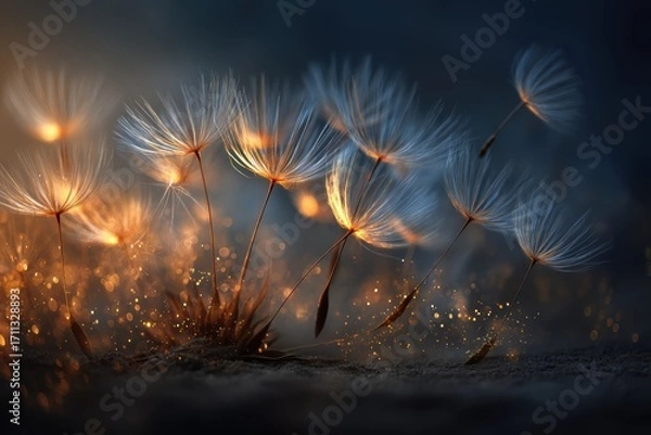 Fototapeta Delicate dandelion seeds illuminated by warm, magical light float gently above the ground in a dreamy, ethereal atmosphere
