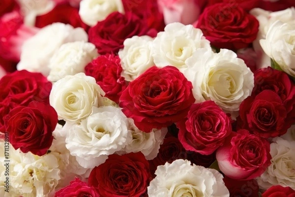 Fototapeta A vibrant arrangement of red and white roses in full bloom, creating a romantic and elegant floral display