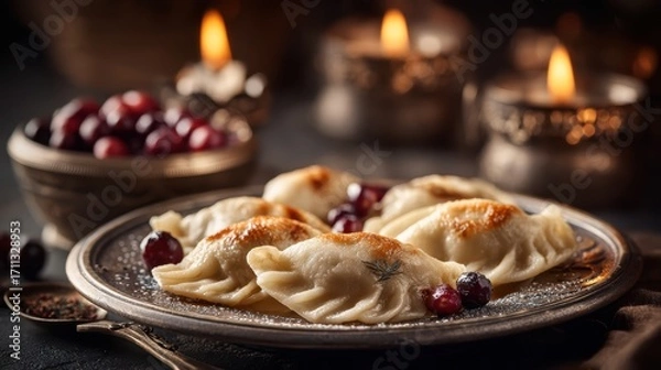 Fototapeta A rustic plate of dumplings garnished with berries sits on a table, surrounded by candlelight and a bowl of fresh cranberries