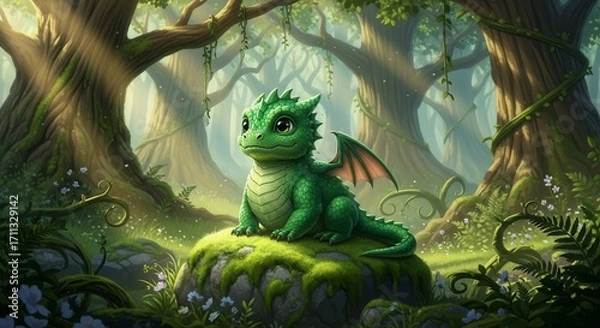 Fototapeta Chubby green baby dragon with emerald scales, perched on a mossy stone, sunlight streaming through enchanted forest trees.
