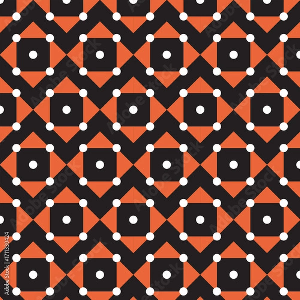 Obraz Seamless geometric pattern with bold orange and black diamond shapes, octagons, and white dot