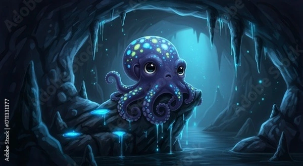 Fototapeta Cute octopus-like kraken baby with bioluminescent spots, perched on a rock in a dark enchanted sea cave